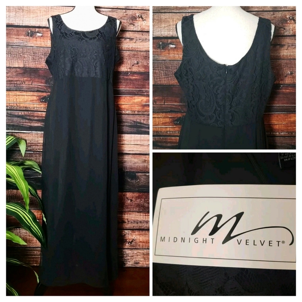NWT Midnight Velvet Maxi Dress 14 Black Lace Bodice Sheer Overlay Lined